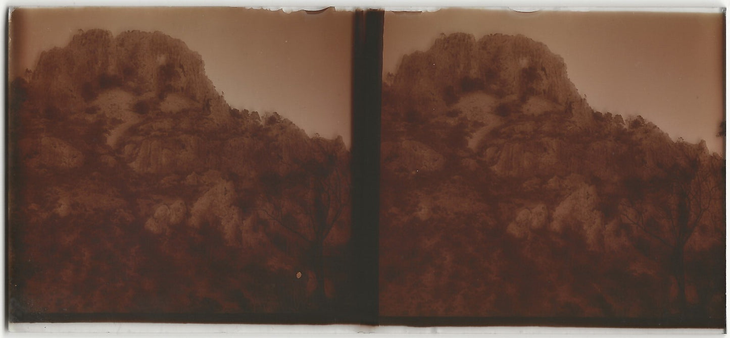 Rocher, montagne , Plaque verre photo stéréo, positif noir & blanc 6x13 cm