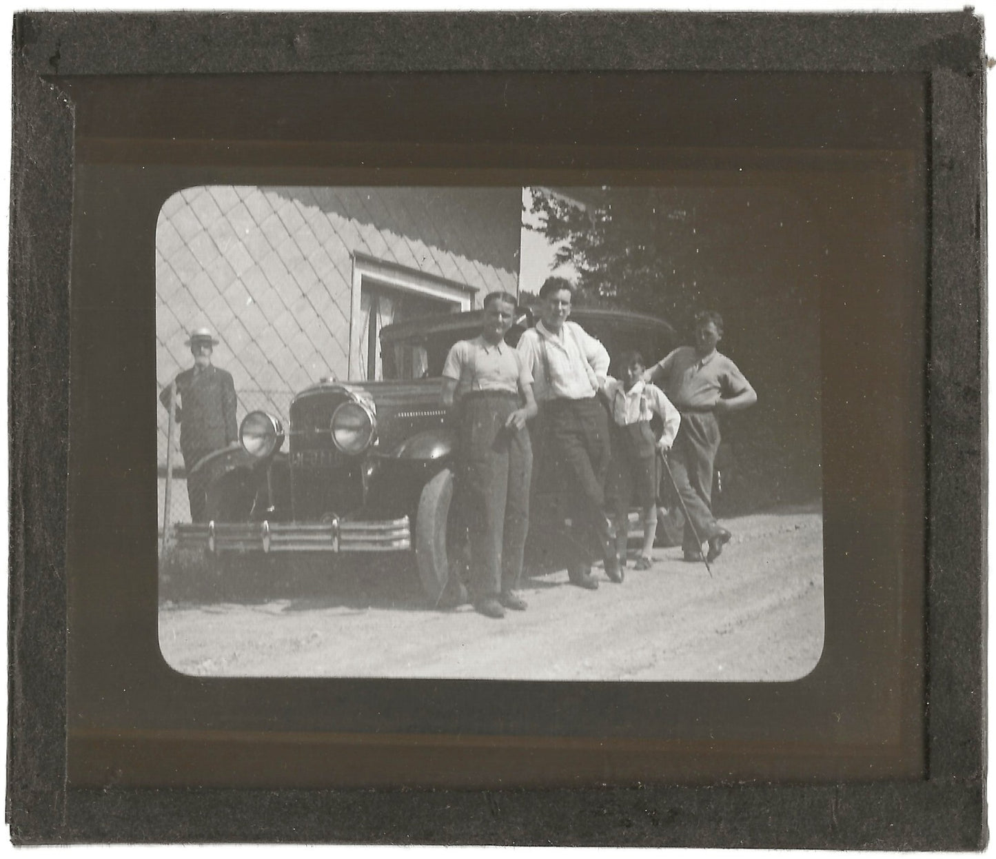 Vieille voiture, hommes, photo ancienne plaque de verre, positif 8,5x10 cm