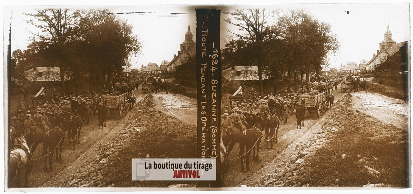 Suzanne, Somme, guerre WW1, plaque verre photo ancienne stéréo 6x13 cm