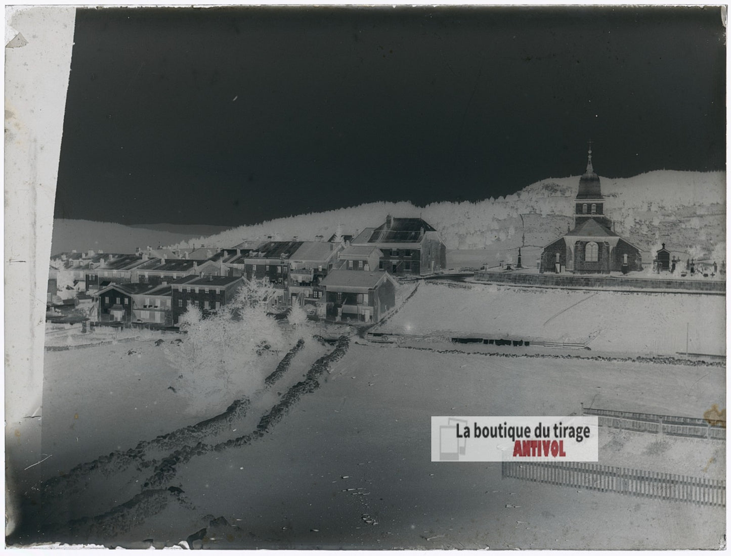 Village de montagne, paysage, plaque verre photo ancienne, négatif 9x12 cm
