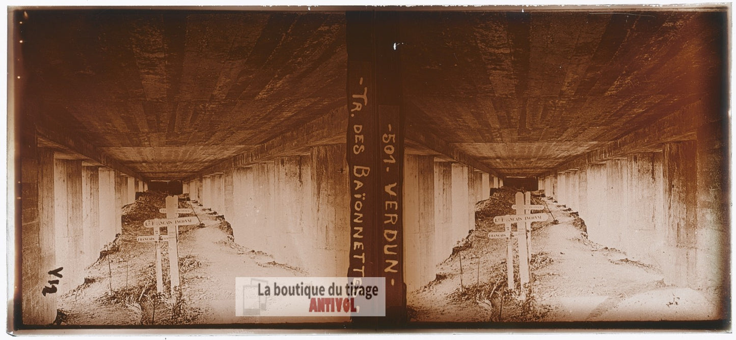 Verdun, tranchée des Baïonnettes, plaque verre photo ancienne stéréo 6x13 cm