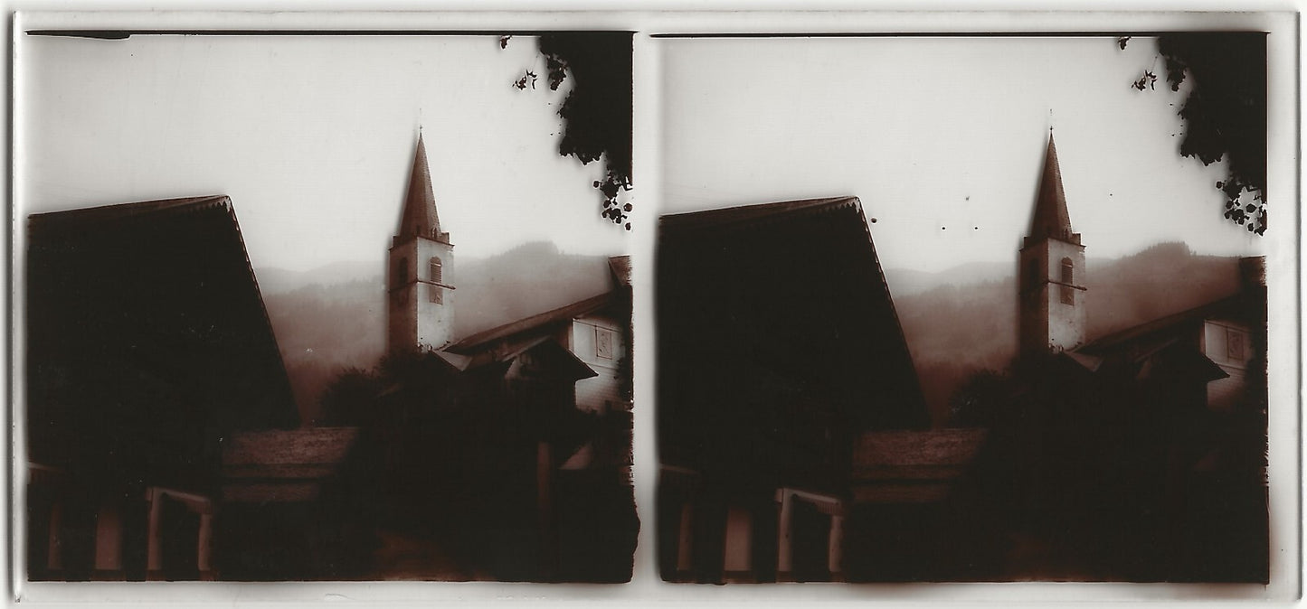 Village de montagne, Plaque verre photo stéréo, positif noir & blanc 6x13 cm