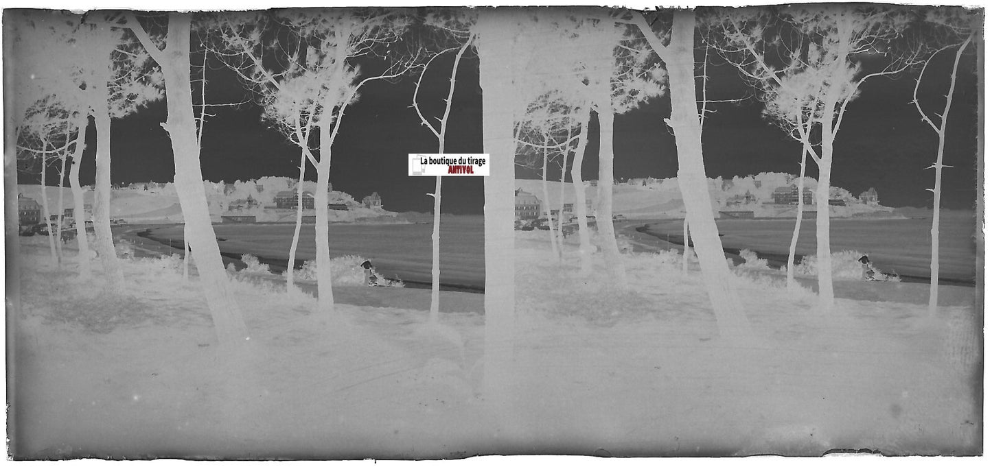 Perros-Guirec Trestraou, Plaque verre photo stéréo, négatif noir & blanc 6x13 cm