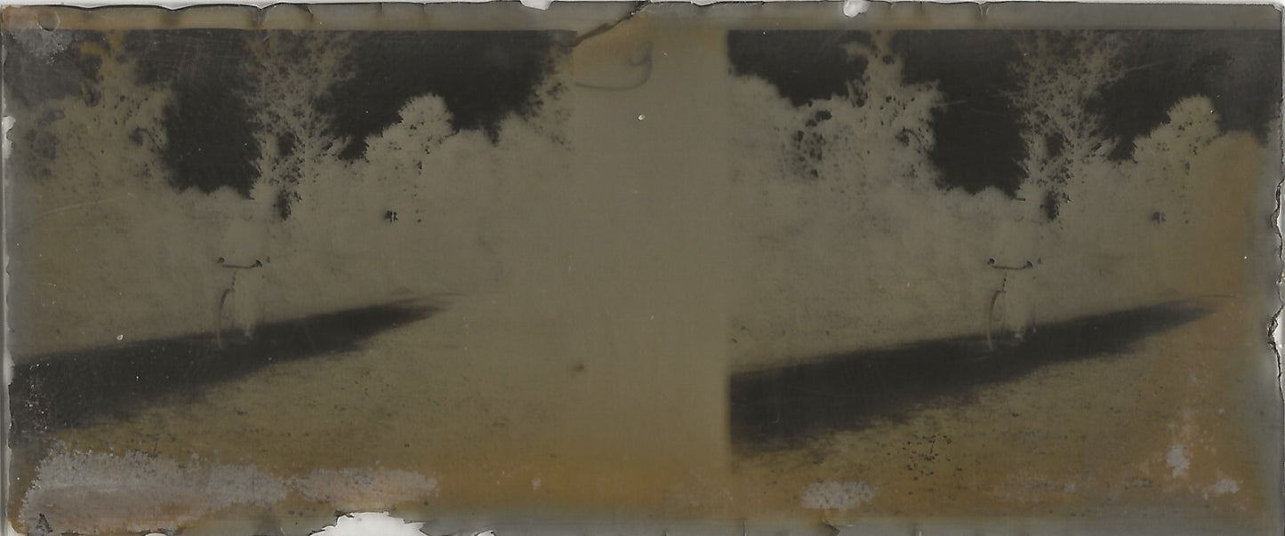 Vélo, route, Plaque verre photo stéréoscopique, négatif noir & blanc 4,5x10,7 cm