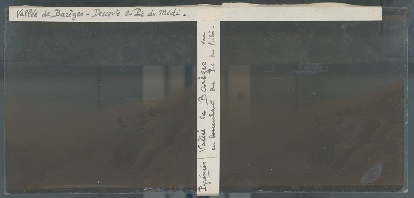 Vallée Barèges, Pic du Midi, plaque verre photo stéréo, sépia 6x13 cm