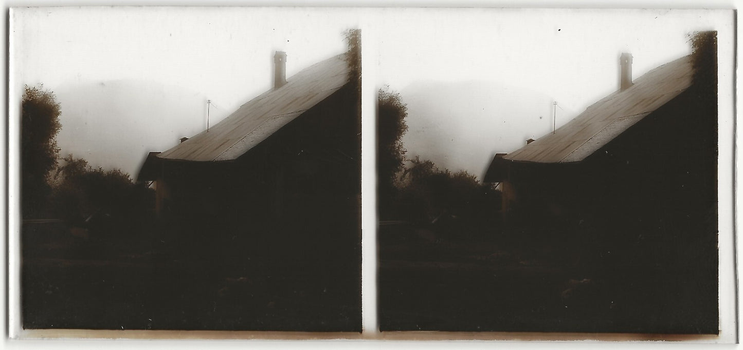 Montagne, maison, Plaque verre photo stéréo, positif noir & blanc 6x13 cm