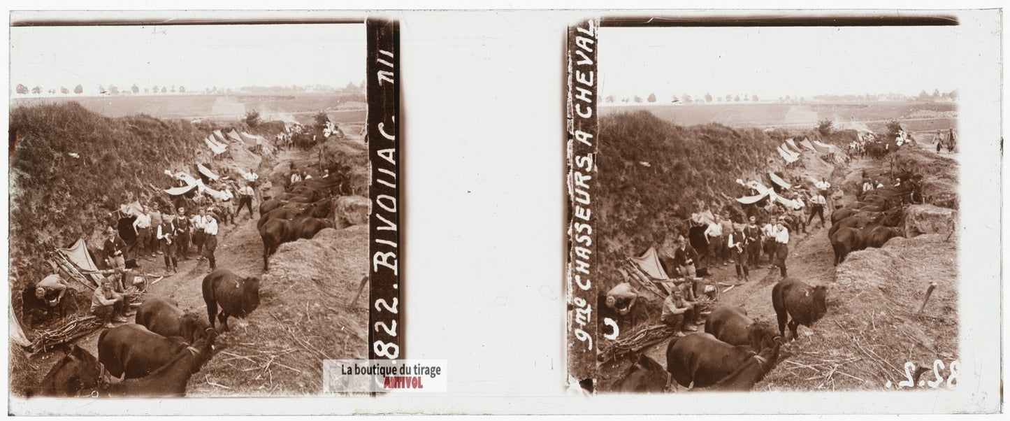 9e régiment de chasseurs, guerre WW1, plaque verre stéréo, photo 4,5x10,7 cm