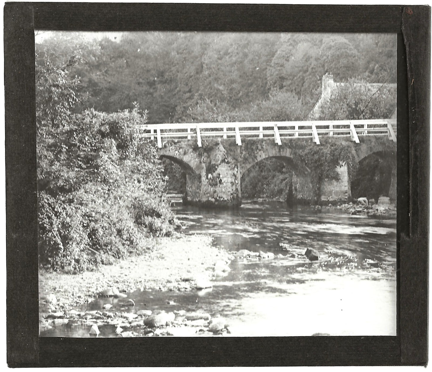 Pont, rivière campagne, photo ancienne plaque de verre, positif 8,5x10 cm