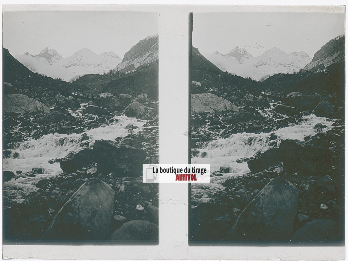 Torrent montagne, Alpes Suisse, stéréo photo plaque verre, noir & blanc, 9x12 cm