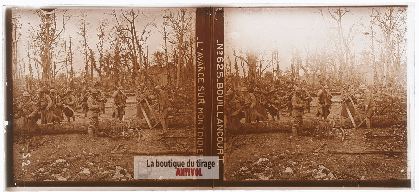 Bouillancourt, Montdidier, WW1, plaque verre photo ancienne stéréo 6x13 cm