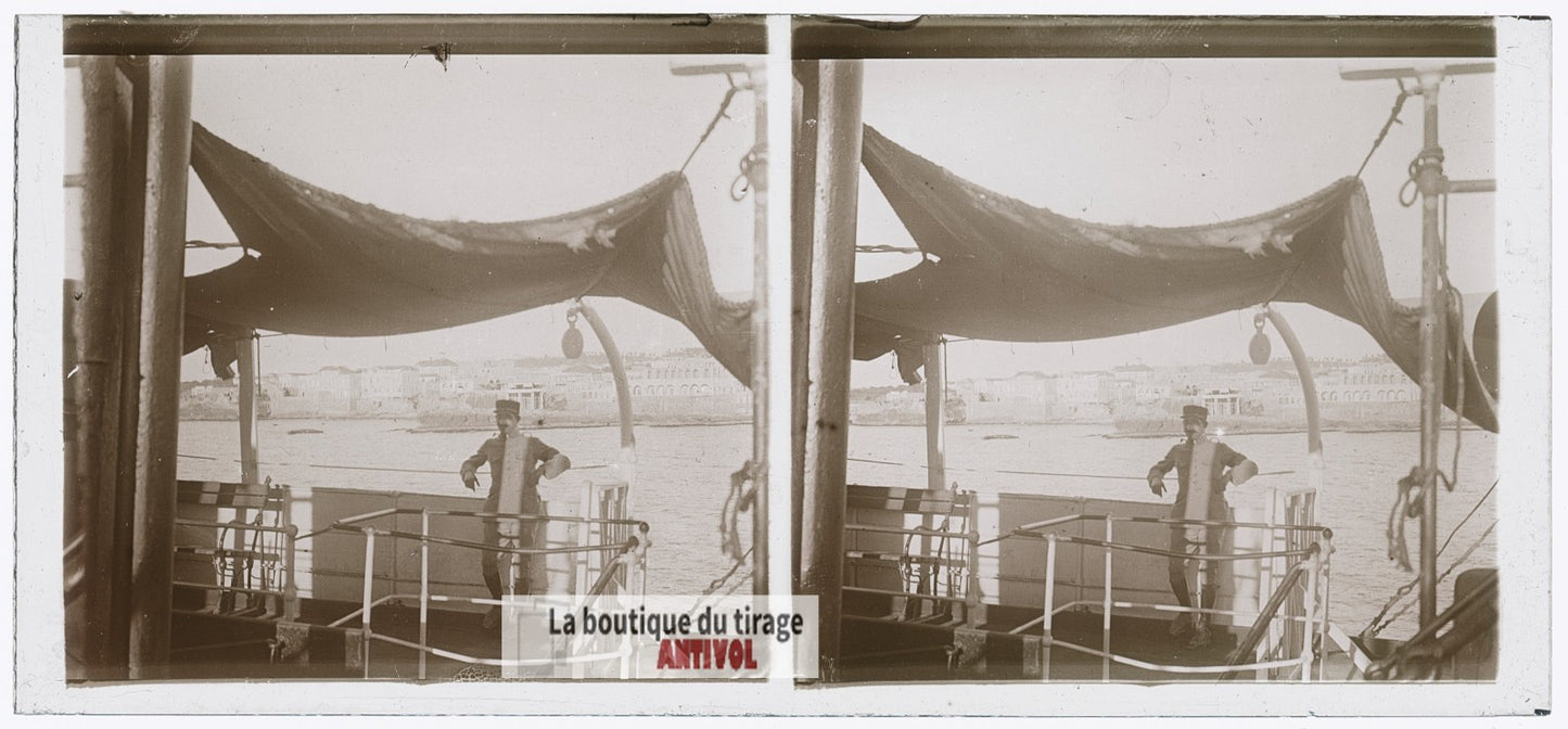 Bateau, navigation, militaire, plaque de verre, photo ancienne stéréo 6x13 cm