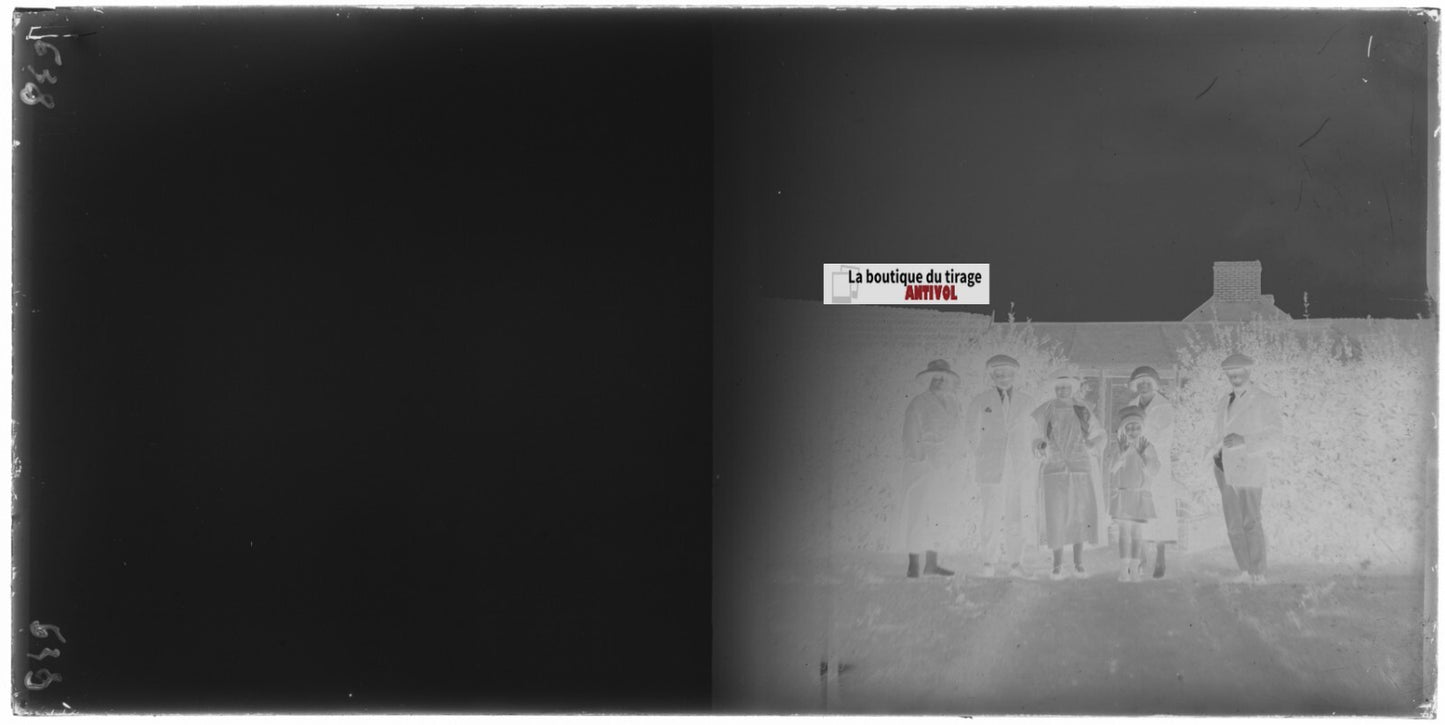 Famille maison, personnages, stéréoscopie plaque ancienne verre, négatif 9x18 cm