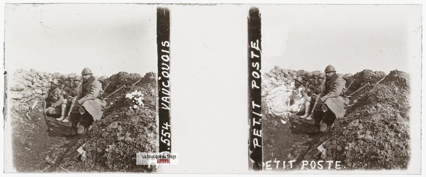 Petit poste Vauquois Argonne, guerre WW1, plaque verre stéréo, photo 4,5x10,7 cm