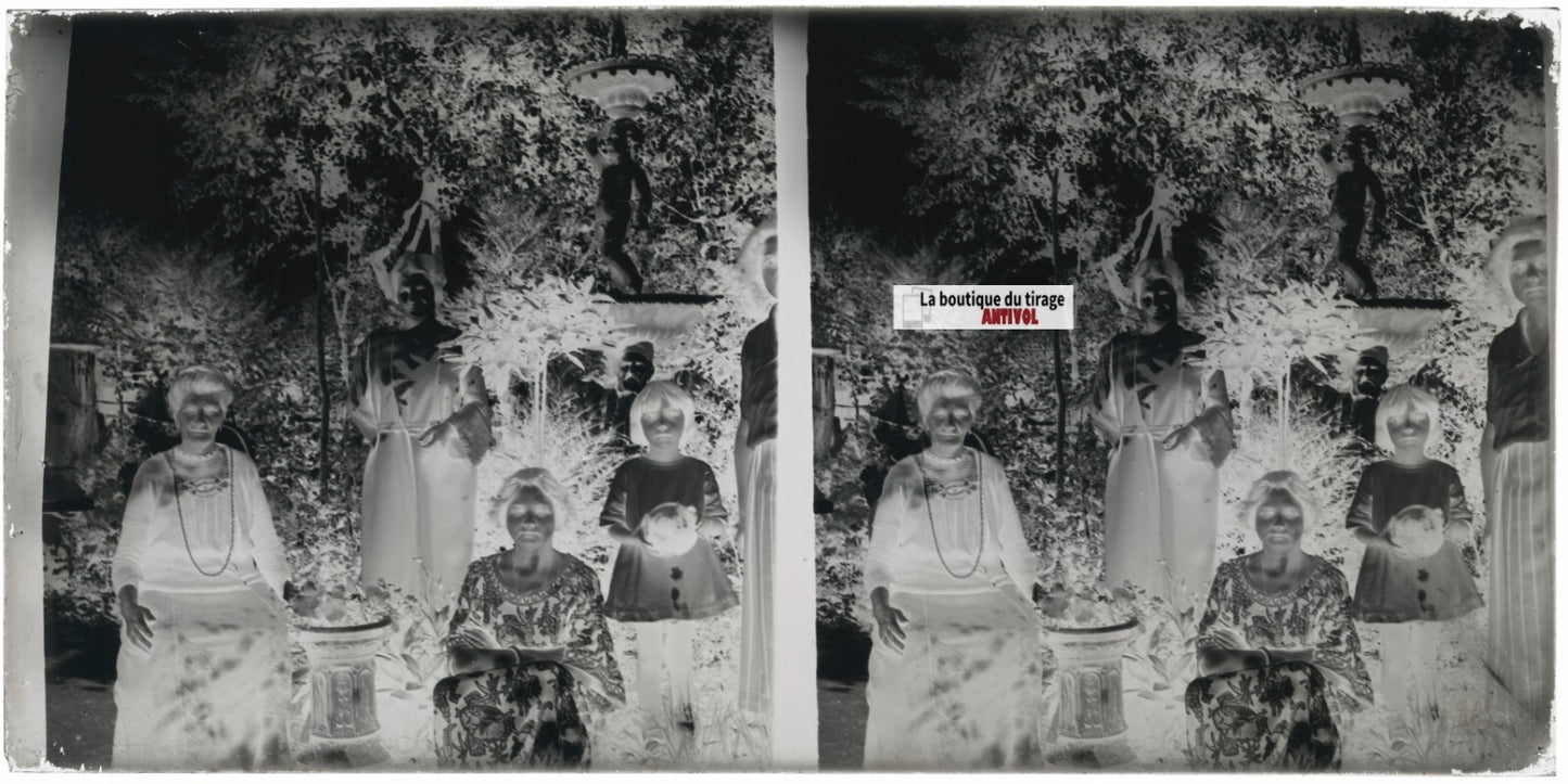 Jardin, femmes, famille, stéréoscopie, photo plaque verre, négatif 9x18 cm