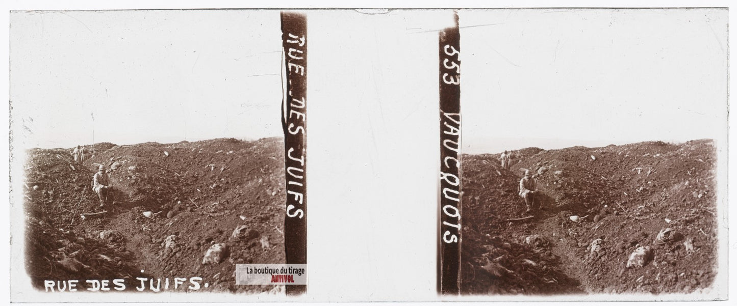 Vauquois, rue des Juifs, guerre WW1, plaque verre stéréo, photo 4,5x10,7 cm