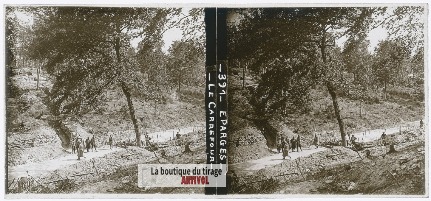 Les Éparges, Carrefour, guerre WW1, plaque verre photo ancienne stéréo 6x13 cm