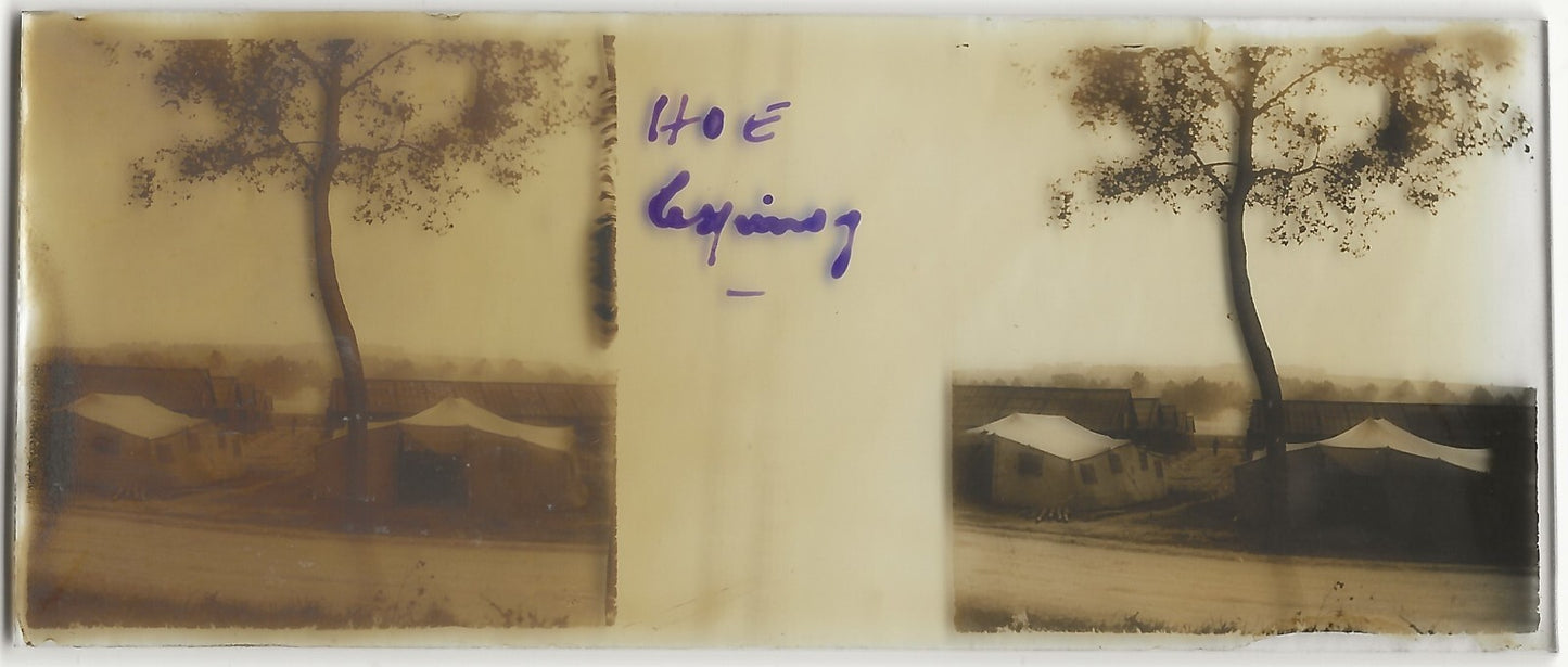 Camp militaire WW1, Plaque verre stéréo, positif ancien noir & blanc 4,5x10,7 cm