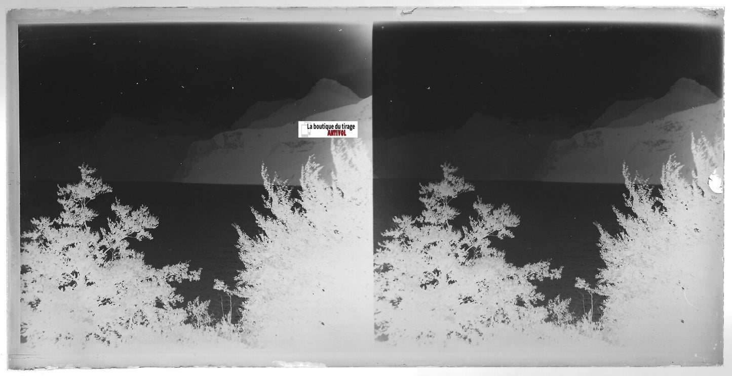 Montagne, lac, Plaque verre photo, stéréoscopique négatif noir & blanc 9x18 cm