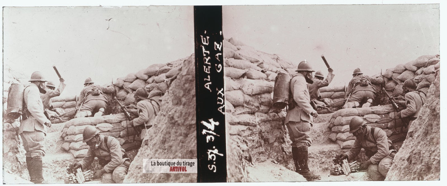 Alerte aux gaz, tranchée guerre WW1, plaque verre stéréo, photo 4,5x10,7 cm