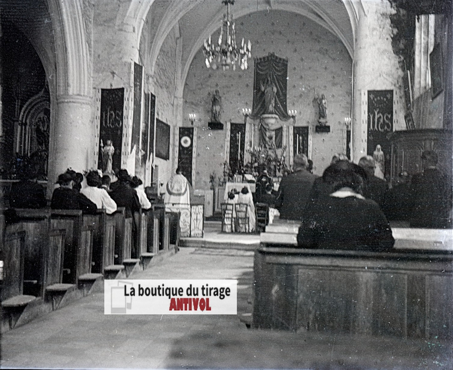 Eglise, village France, plaque verre, photo ancienne, négatif N&B 6x13 cm