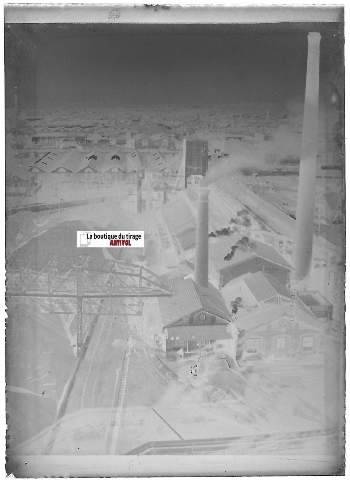 Usine, industrie, Plaque verre photo ancienne, négatif noir & blanc 6x9 cm
