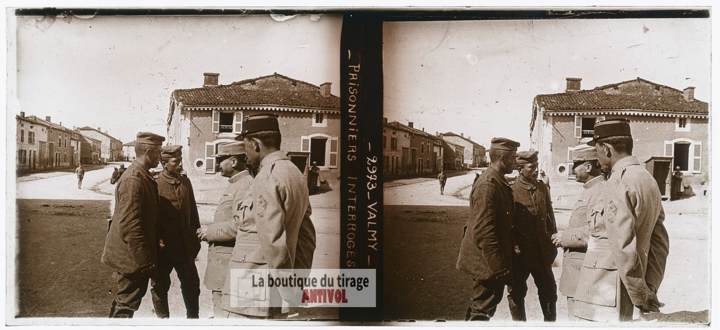 Valmy 1915, prisonniers, guerre WW1, plaque verre photo ancienne stéréo 6x13 cm