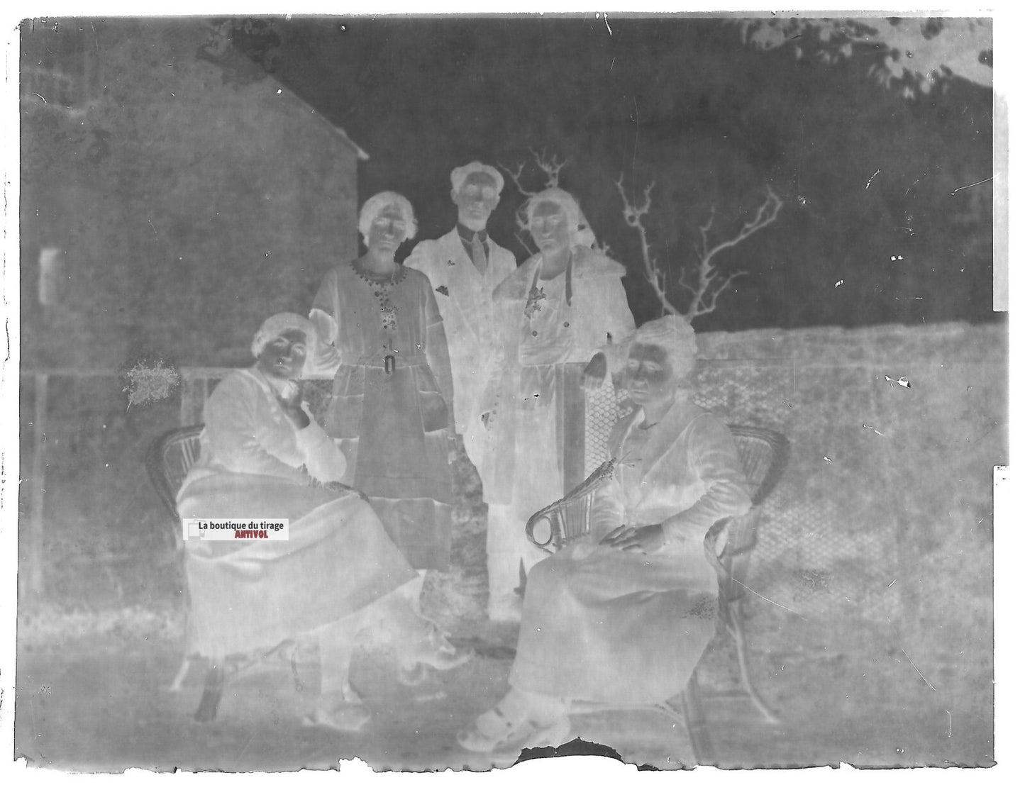 Plaque verre photo ancienne négatif noir et blanc 9x12 cm famille jardin France