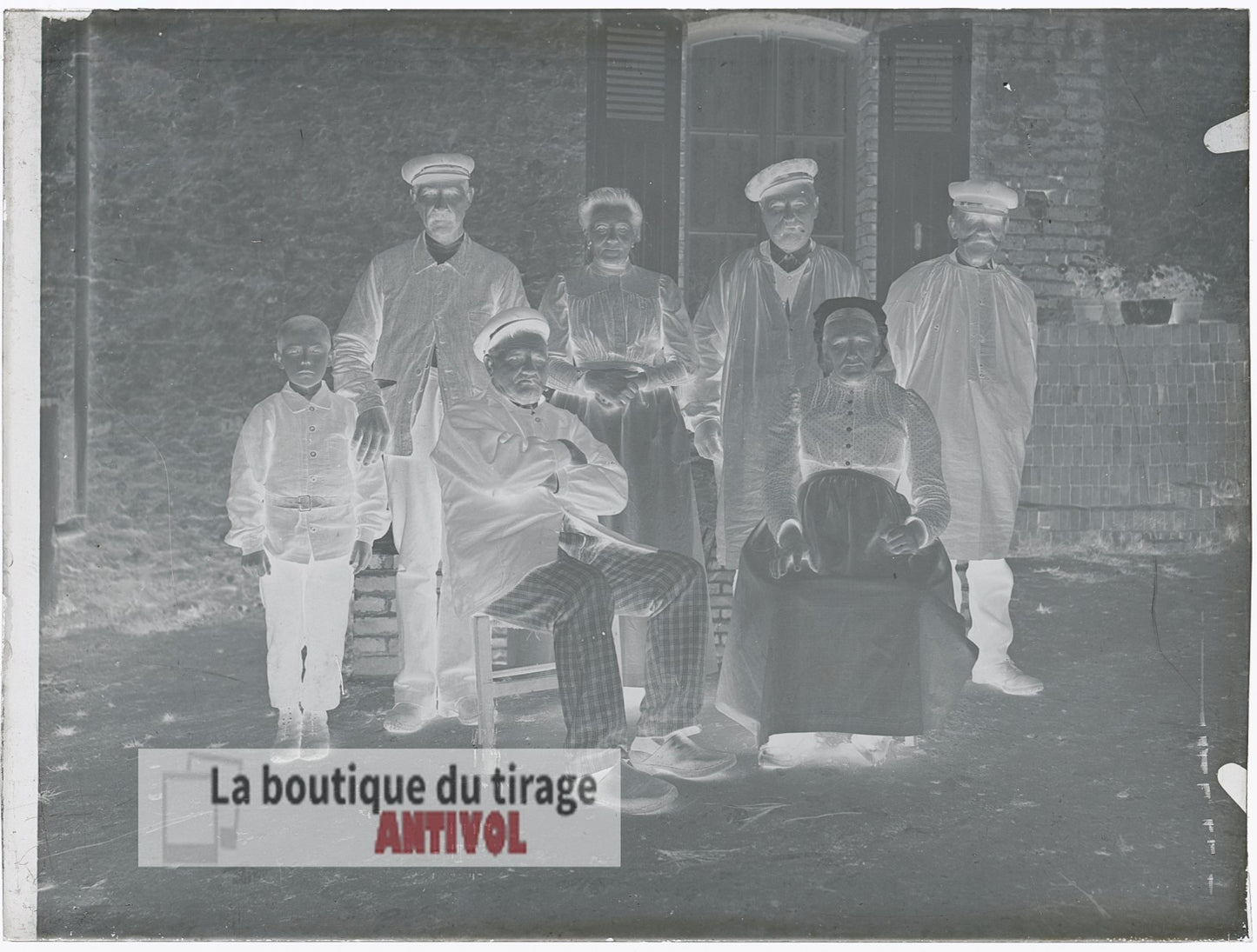 Famille, village France, campagne, plaque verre, photo ancienne, négatif 9x12 cm
