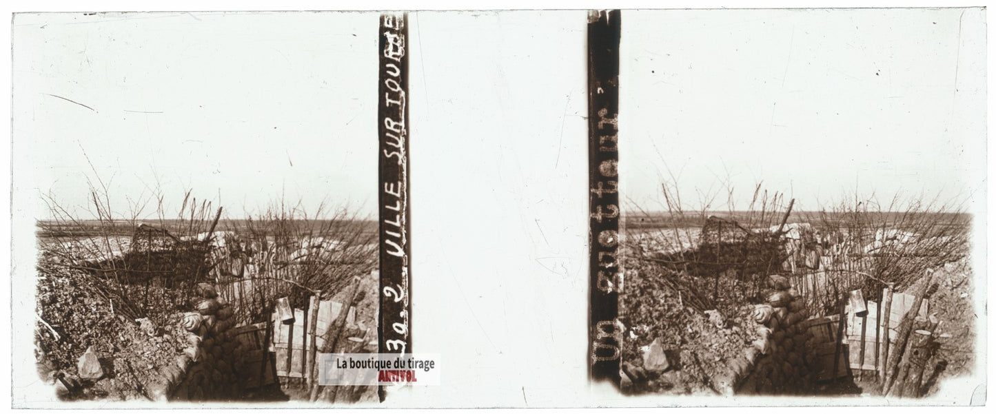 Ville-sur-Tourbe, tranchée guerre WW1, plaque verre stéréo, photo 4,5x10,7 cm