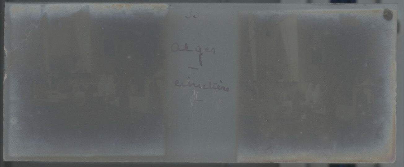 Cimetière, Alger, Algérie, Plaque verre stéréo, positif noir & blanc 4,5x10,7 cm