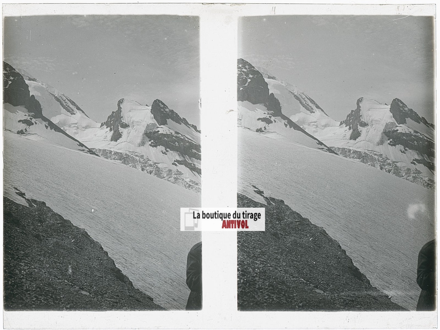 Massif Jungfrau, Alpes Suisse, stéréo photo plaque verre, noir & blanc, 9x12 cm