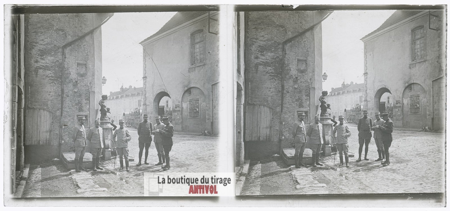Groupe d'officiers français, WW1, plaque verre photo ancienne stéréo 6x13 cm