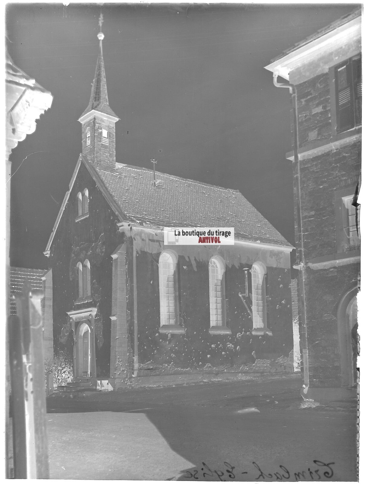 Plaque verre photo ancienne négatif noir et blanc 13x18 cm Trimbach église