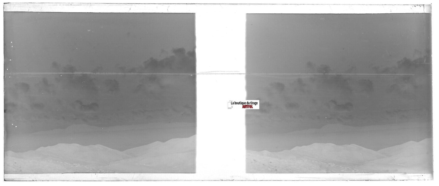 Mer, montagne, Plaque verre photo stéréo, négatif noir & blanc 4,5x10,7 cm