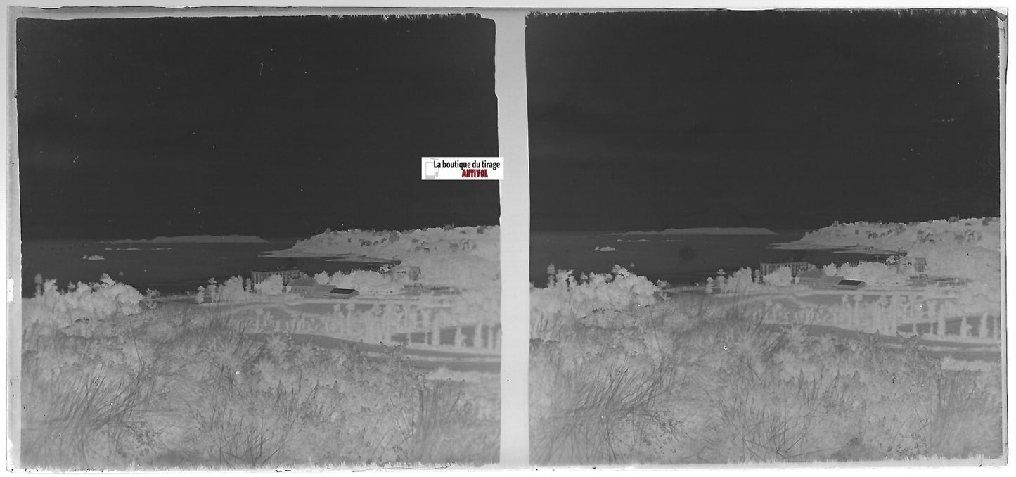Perros-Guirec Trestraou, Plaque verre photo stéréo, négatif noir & blanc 6x13 cm