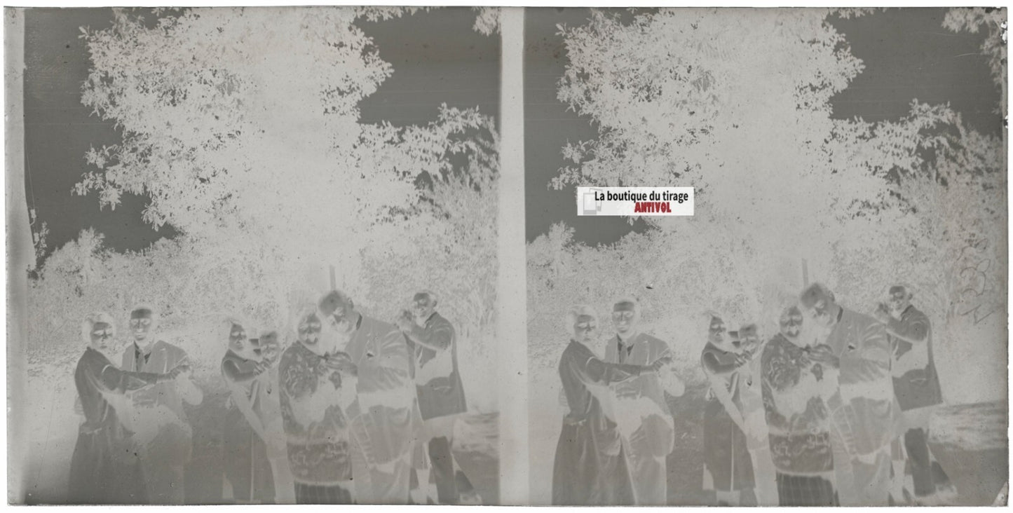 Famille, danse, stéréoscopie, photo ancienne plaque verre, négatif 9x18 cm