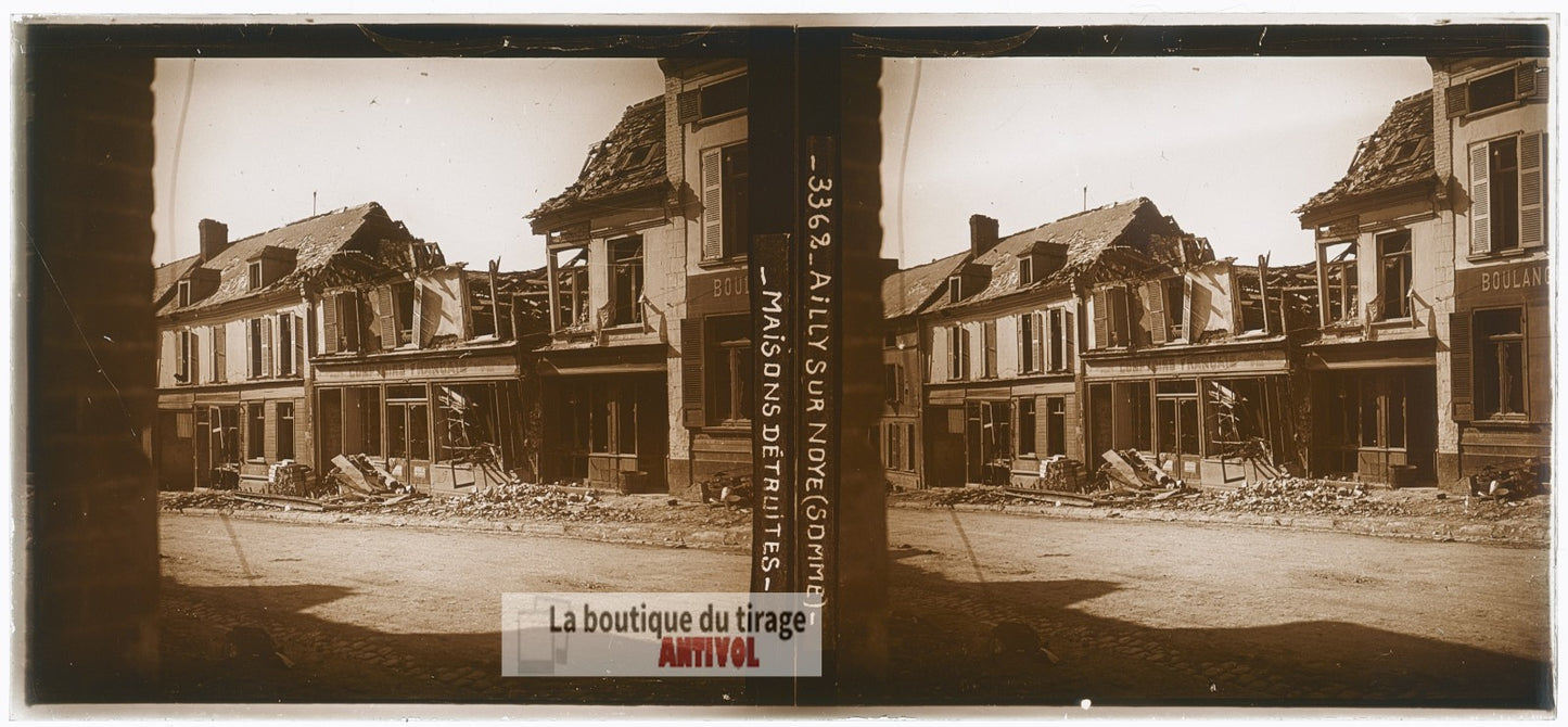 Ailly-sur-Noye, bombe, guerre WW1, plaque verre photo ancienne stéréo 6x13 cm