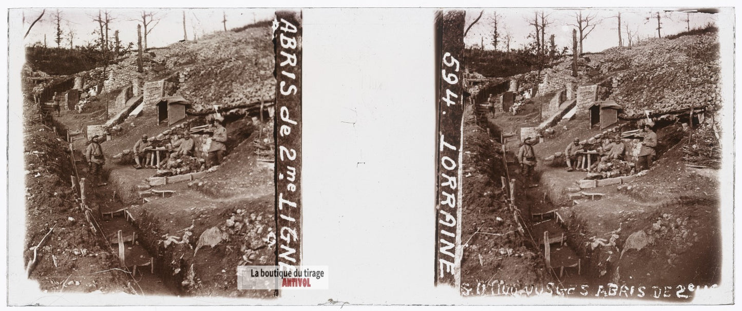 Abris de 2ᵉ ligne, Lorraine, guerre WW1, plaque verre stéréo, photo 4,5x10,7 cm