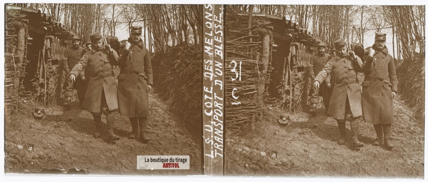 Côte des Melons, Lorraine, guerre WW1, plaque verre stéréo, photo 4,5x10,7 cm