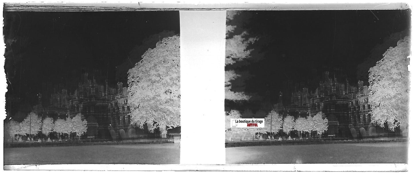 Château Chambord, Plaque verre photo stéréo, négatif noir & blanc 4,5x10,7 cm