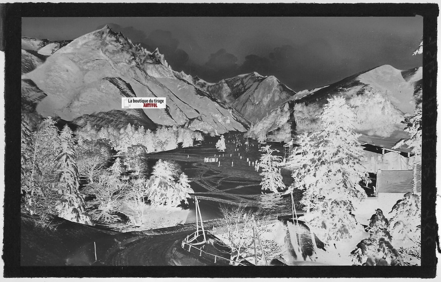 Plaque verre photo négatif noir & blanc 9x14 cm, Mont-Dore, piste de ski, Sancy