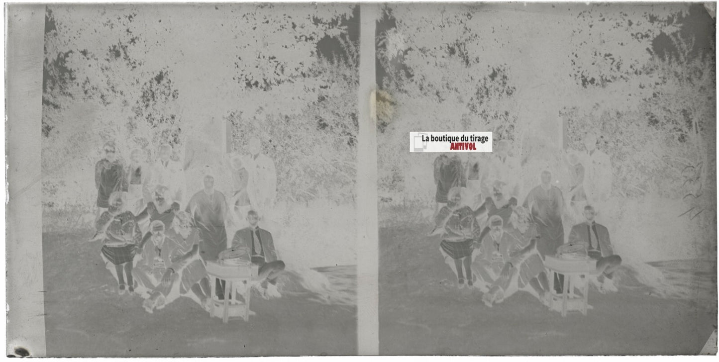 Famille, promenade, stéréoscopie, photo ancienne plaque verre, négatif 9x18 cm