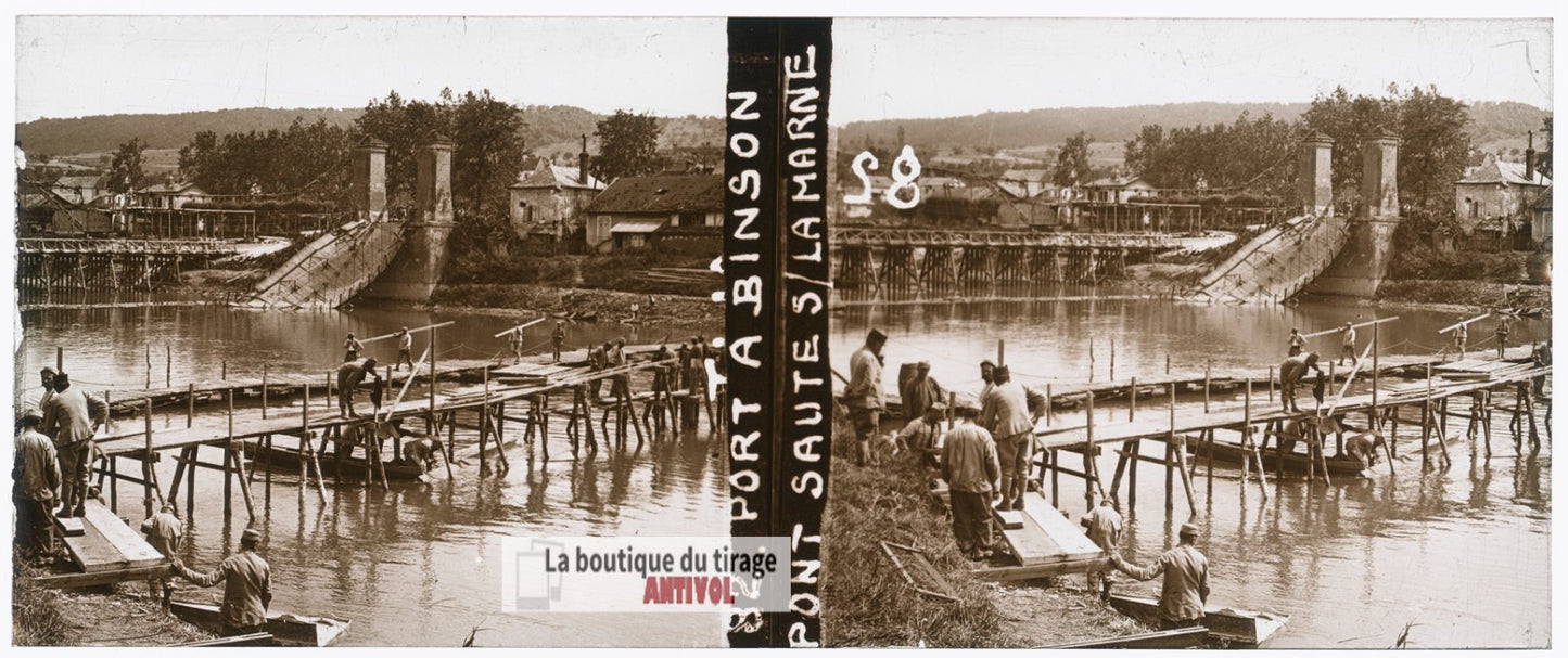 Port-à-Binson, pont guerre WW1, plaque verre stéréo, photo ancienne 4,5x10,7 cm