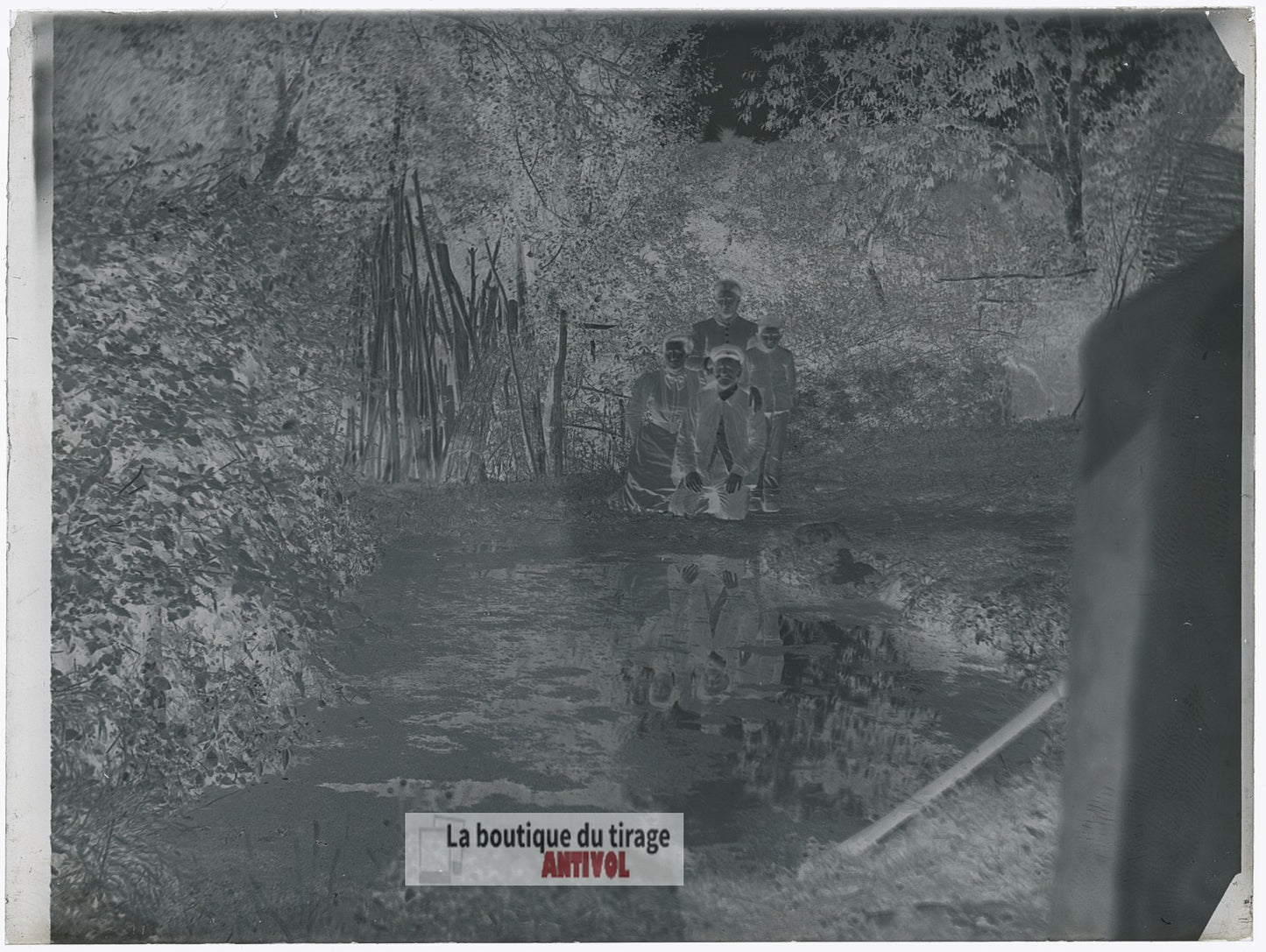 Portrait de famille, eau, plaque verre, photo ancienne, négatif 9x12 cm