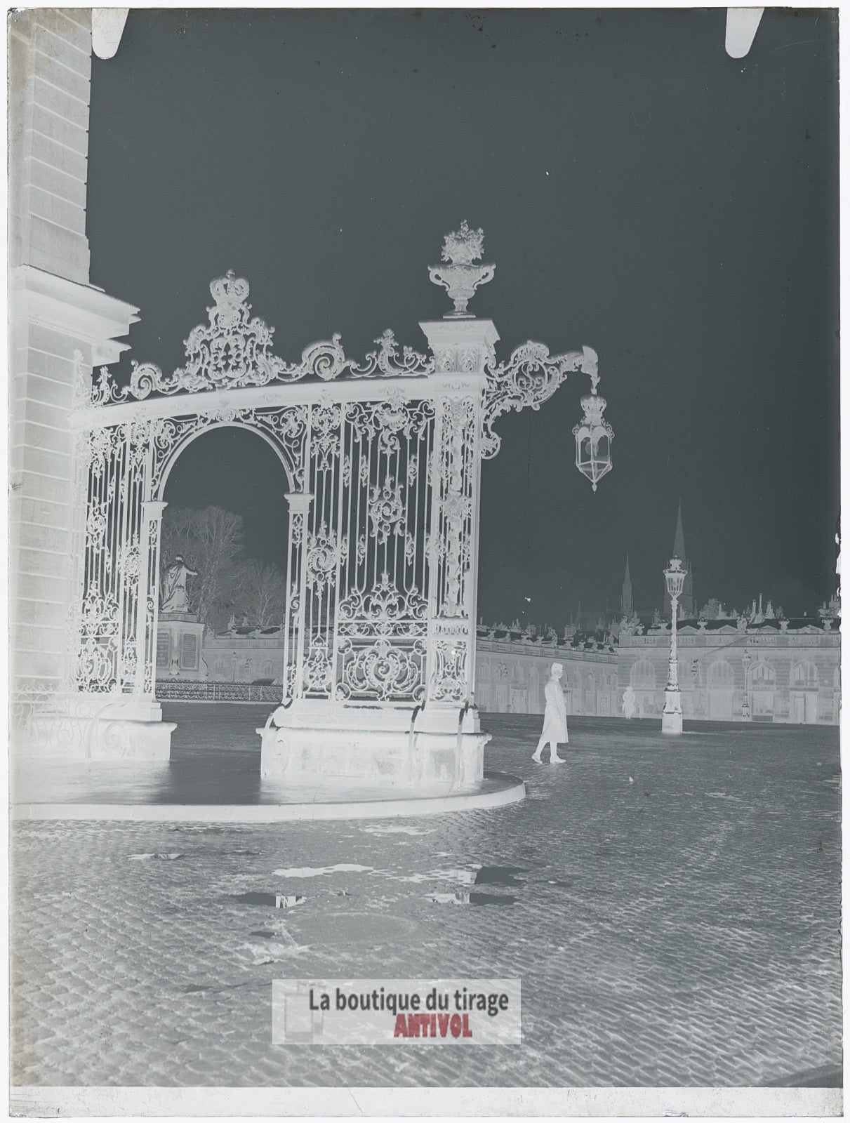 Place Stanislas, neige, Nancy, plaque verre, photo ancienne, négatif 9x12 cm