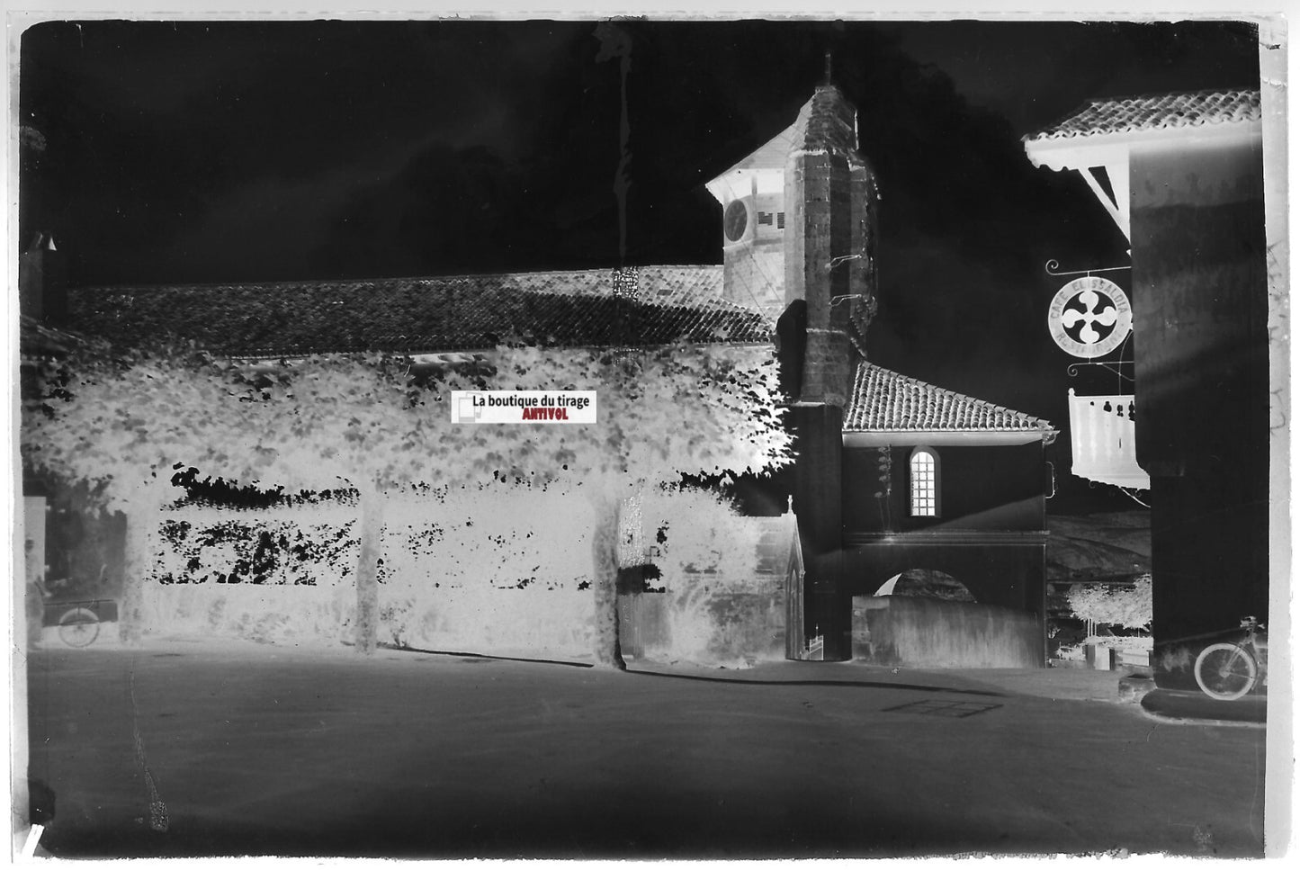 Eglise de Bidart, Plaque verre photo ancienne, négatif noir & blanc 10x15 cm