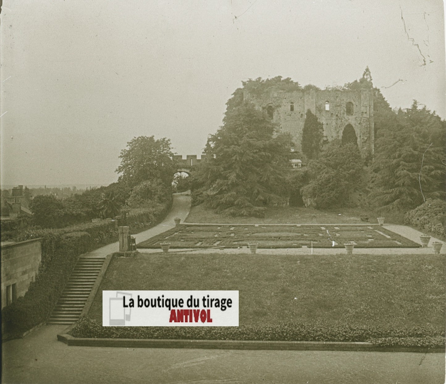 Ruines Château Langeais, plaque verre, photo stéréoscopie, noir & blanc 6x13 cm