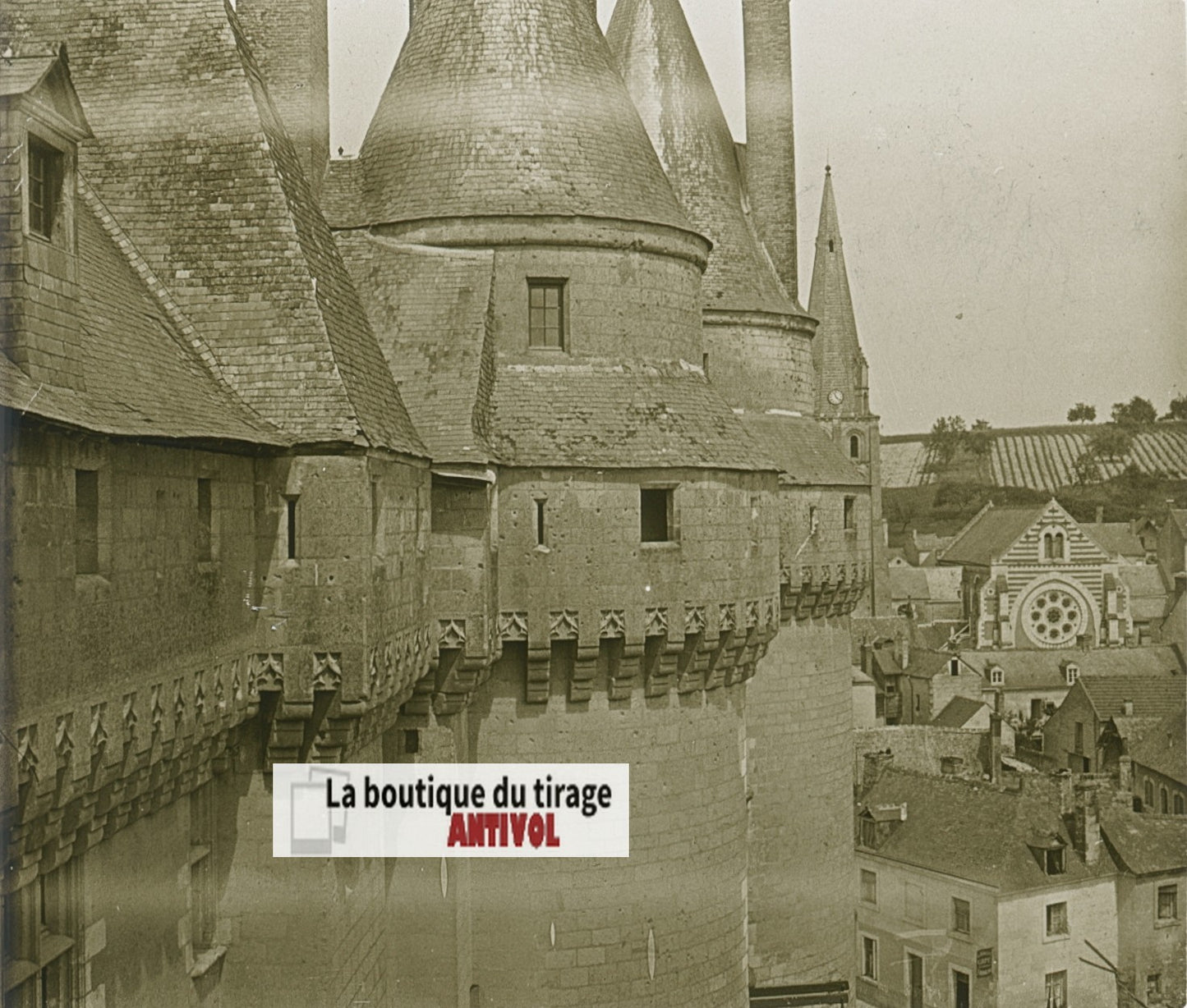 Château de Langeais, plaque verre, photo stéréoscopie, noir & blanc 6x13 cm