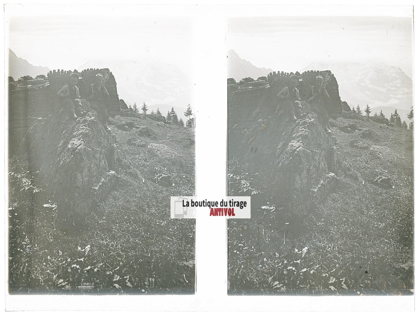 Enfants, Alpes Suisse, stéréo photo plaque verre, noir & blanc, 9x12 cm