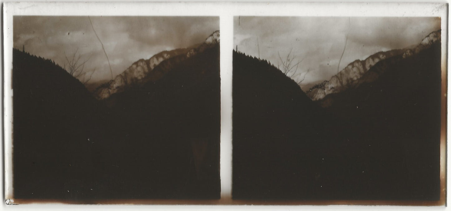 Montagne, neige, Plaque verre photo stéréo, positif noir & blanc 6x13 cm